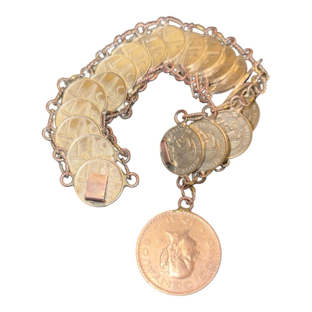 Vtg 1950's Mexico Estados Unidos Mexicanos 20 Medal Charm Link 7.5" Bracelet Ym